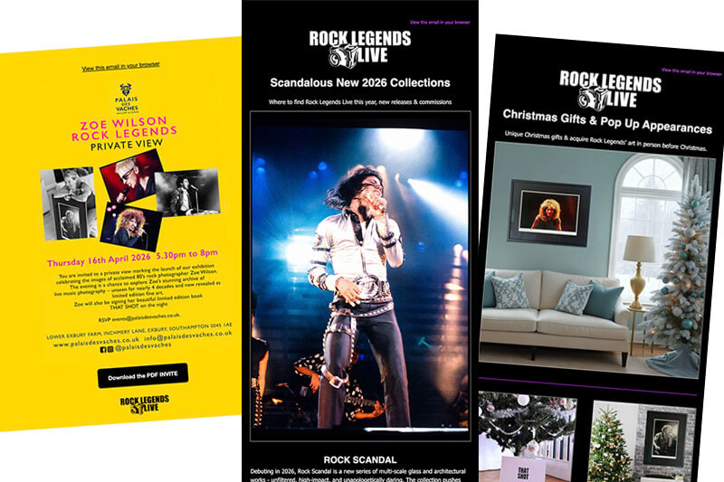 Newsletter HTML email to promote the wide range of products and events for the Rock Legends Live.